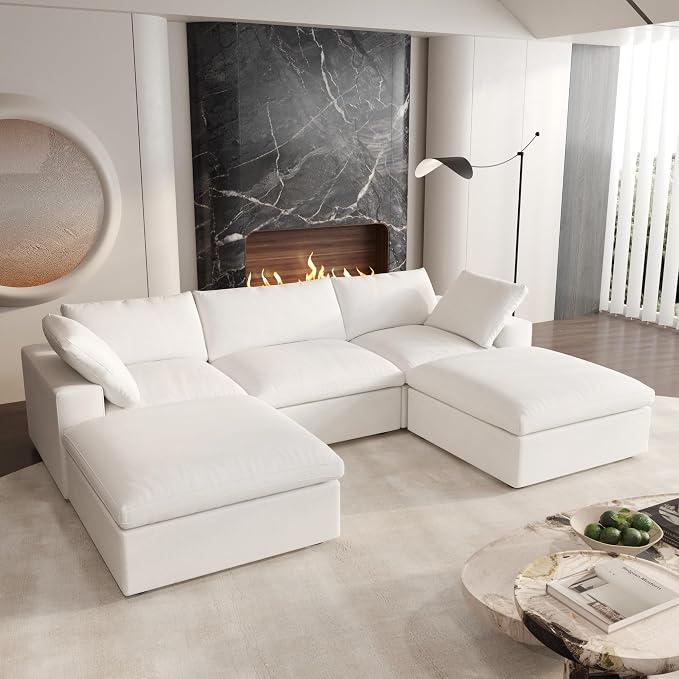 Cloud Modular Sectional Sofa Couch,U Shaped Couch 5 Seater for Living Room,120" Convertible Couches with Storage Ottoman, Covers Washable&Replaceable,White