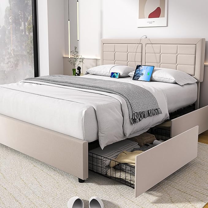 VECELO Full Size Bed Frame with 4 Drawers, Adjustable Tufted Button Headboard, Upholstered Platform with Wood Slats Support, Built-in USB and Type C Ports, Beige