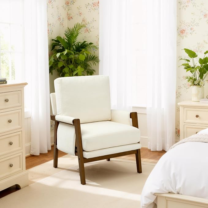 RNKSFX Cream Accent Chair for Bedroom & Living Room, Mid Century Modern Accent Arm Chair, Upholstered Anthropologie Accent Chair with Solid Wood Frame, Fabric