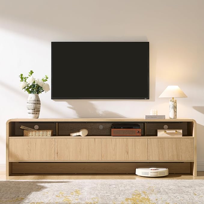AMERLIFE 70" Modern TV Stand for TVs Up to 80", Wood TV Console with Curved Profile Design & 2 Storage Cabinets, Media Console Entertainment Center for Living Room, Natural Oak