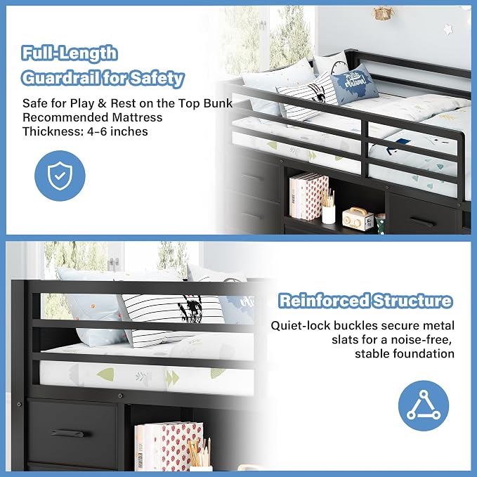 Einhomn Twin Low Loft Bed with 8 Drawers, Bookshelf, Heavy Duty Metal Kids Loft Bed with 13 Inch Safety Guardrail, Play Curtain, Under-Bed Play Area - Black