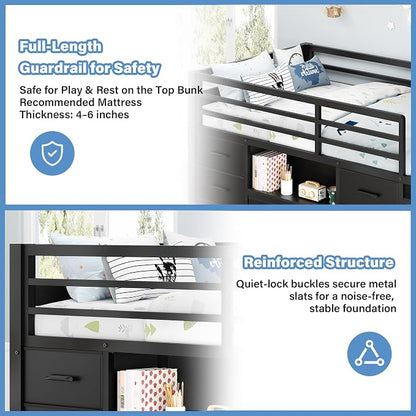 Einhomn Twin Low Loft Bed with 8 Drawers, Bookshelf, Heavy Duty Metal Kids Loft Bed with 13 Inch Safety Guardrail, Play Curtain, Under-Bed Play Area - Black