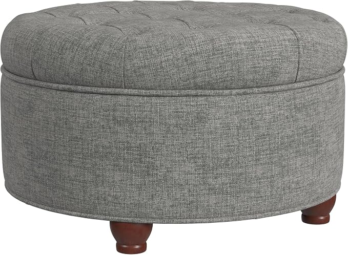 HomePop 25" Button Tufted Round Storage Ottoman - Gray Woven