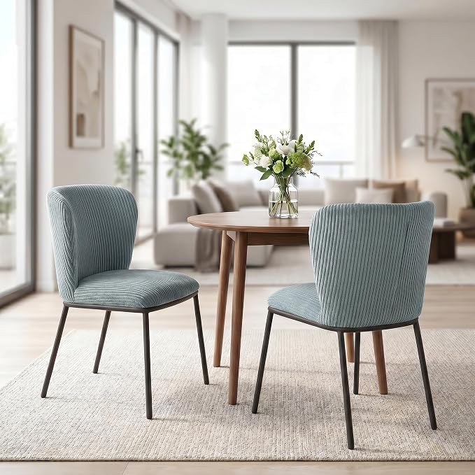 SIMTONAL Upholstered Dining Chairs Set of 2, Corduroy Armless Kitchen Chairs with Memory Foam Seat, Black Metal Legs, Mid Century Modern Accent Seating for Apartment, Vanity, [Sage Green]