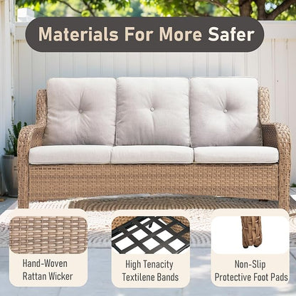 Outdoor Patio Furniture - 3 Seater Outdoor Rattan Wicker Sofa Patio Couch with Ottoman for Porch Deck Garden Backyard - Yellow/Beige