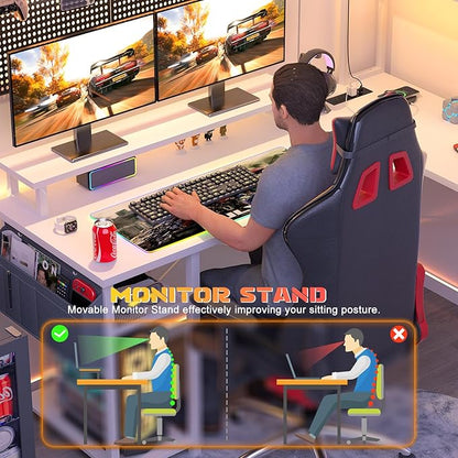 Aheaplus Small L Shaped Desk with Charging Port & LED Strip, Reversible L-Shaped Gaming Desk Computer Desk with Monitor Stand & Storage Shelf, Corner Desks Home Office Desk with Storage Bag, White