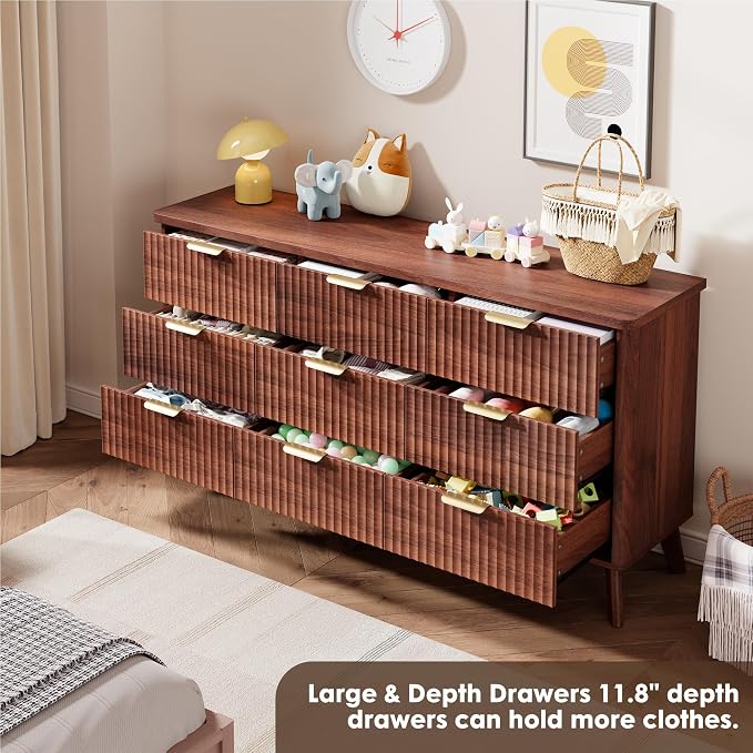 GarveeHome Fluted Dresser for Bedroom with 9 Deep Drawers, 60.6 in Wide Modern Chest of Drawers, Wooden Dresser TV Stand, Curved Profile Design, for Living Room, Kids Room, Hallway, Walnut