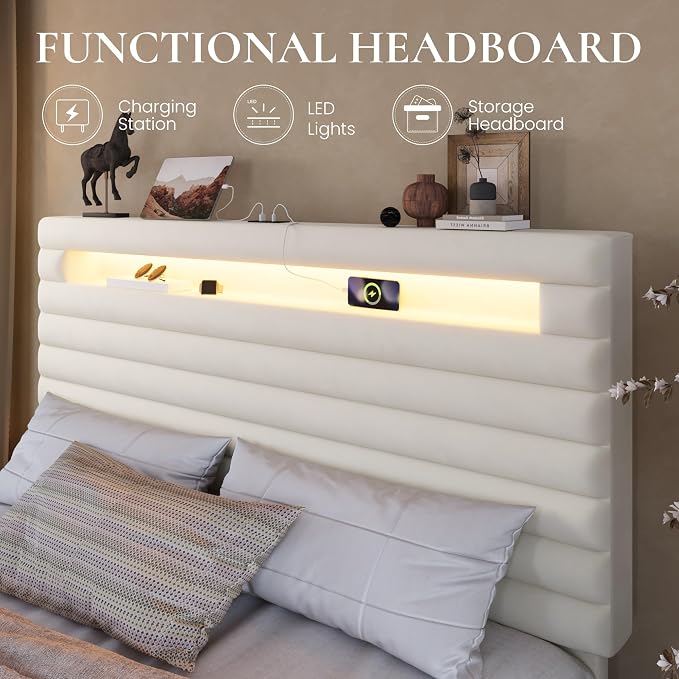 SHA CERLIN Queen Bed Frame with LED Light & 2-Tier Storage Shelf, Velvet Upholstered Adjustable Headboard with Charing Station, Horizontal Channel Tufted, No Box Spring Needed, Easy Assembly, Cream
