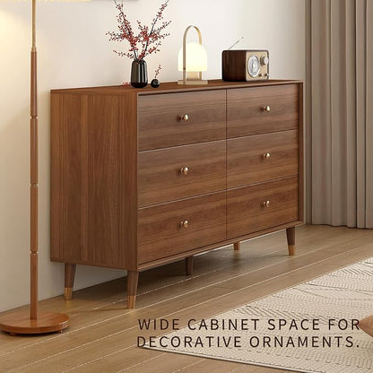 Messenya 6 Drawer Dresser for Bedroom, 47 Inch Walnut Dresser for Closet, Mid Century Wood Chest of Drawers with Natural Texture & Pre-Embedded Slots for TV Stand, Living Room, Hallway, Office