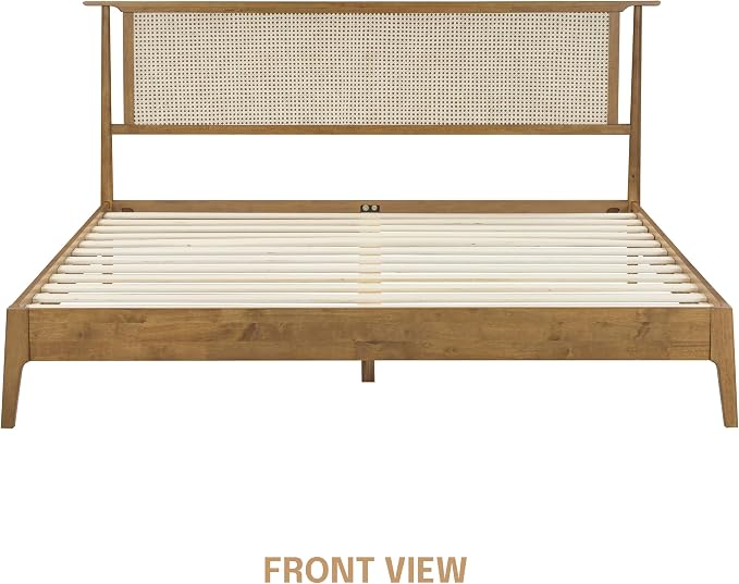 NTC Ruby Wooden Bed Frame with Headboard and Natural Rattan, Solid Oak Foundation with Silent Slats, 1000 Lb Capacity, Effortless Assembly, King - Teak Look