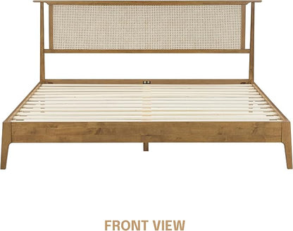 NTC Ruby Wooden Bed Frame with Headboard and Natural Rattan, Solid Oak Foundation with Silent Slats, 1000 Lb Capacity, Effortless Assembly, King - Teak Look