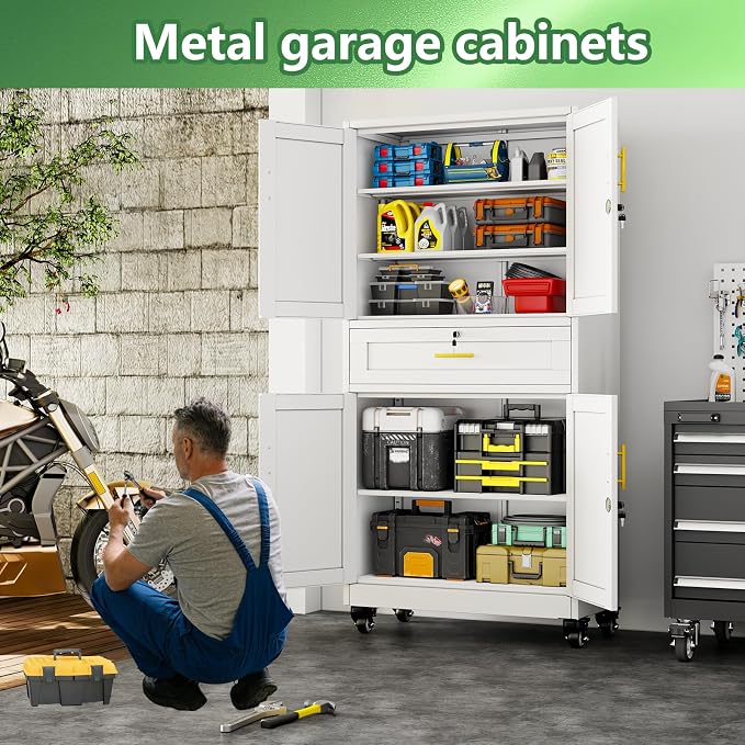 Lockable Metal Storage Cabinet, 71" Tall White Cabinet with Wheels | Garage Storage Cabinet with Drawers, 3 Adjustable Shelves and Lock, Steel Construction – Suitable for Office, Home, School