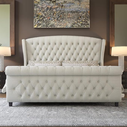 AMERLIFE California King Size Platform Bed Frame, Velvet Upholstered Sleigh Bed with Scroll Wingback Headboard & Footboard/Button Tufted/No Box Spring Required/Cream