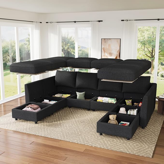 HONBAY Modular Sectional Sofa Couch with Storage, Modern U Shaped Sectional Sofa, Convertible Couches for Living Room - Linen Grey