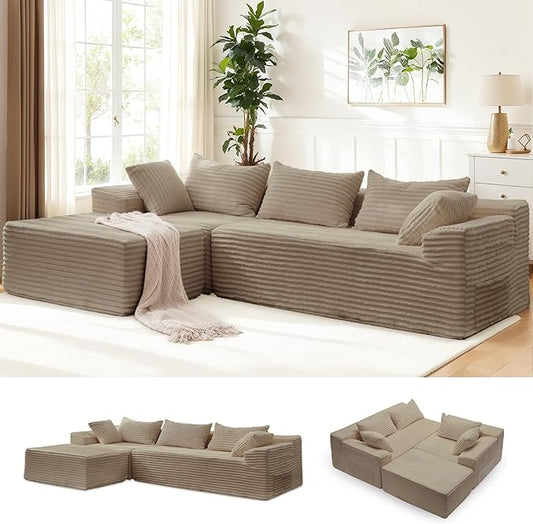 Korser 108" L-Shaped Modular Sectional Sofa with Chaise, Boneless Comfy Corduroy Fluffy Couch with Deep Seat and Side Pockets, Flexible Module Combination for Living Room, No Assembly, Side Pockets