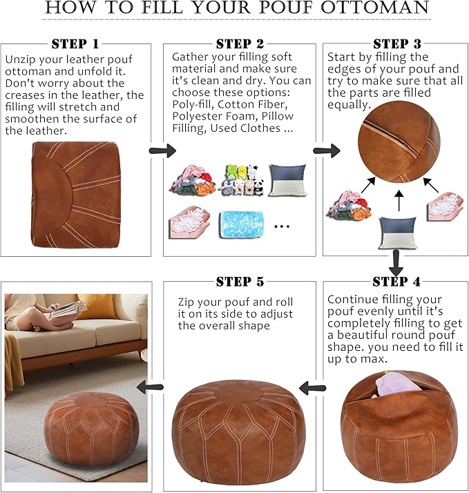 Thgonwid Unstuffed Moroccan Faux Leather Pouf Ottoman Cover with Storage - Boho Chic Multi-Use Footrest for Living Room, Bedroom, Patio - Round Ethnic Floor Cushion & Decorative Accent, Brown
