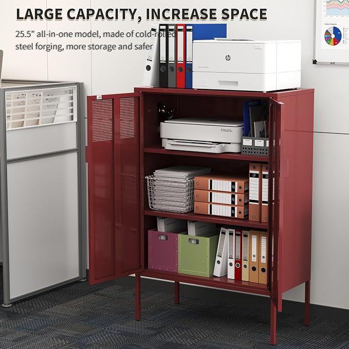Metal Storage Locker Cabinet with 2 Doors & Adjustable Shelves, 47" Red Accent Furniture, Multipurpose Office Dresser or TV Stand for Home Entryway