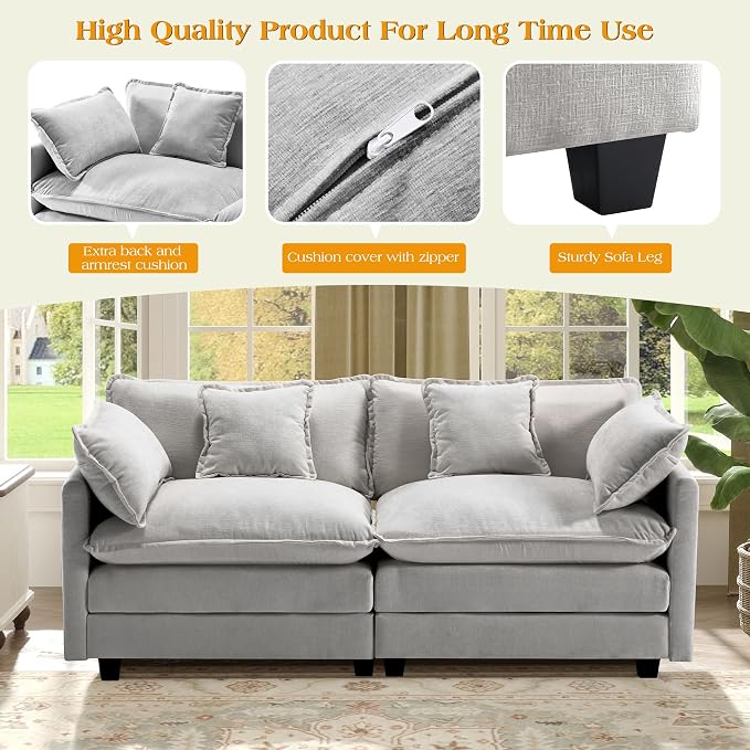 77.6" Modular Sectional Sofa,Loveseat Couch for Living Room, Modern Deep Seat Sofa 2 Seater Chenille Fabric Comfy Cloud Couches with Throw Pillows for Apartment,Small Spaces