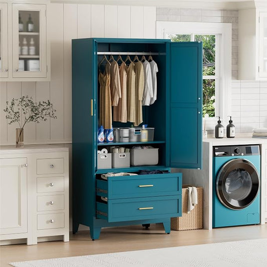 Blue Metal Wardrobe Closet, Armoire Wardrobe with Two Drawers Clothes Cabinet for Bedroom, 71" Tall Farmhouse Steel Armoire Closet with Drawers and 2 Doors Clothing Storage Cabinet with Hanging Rod