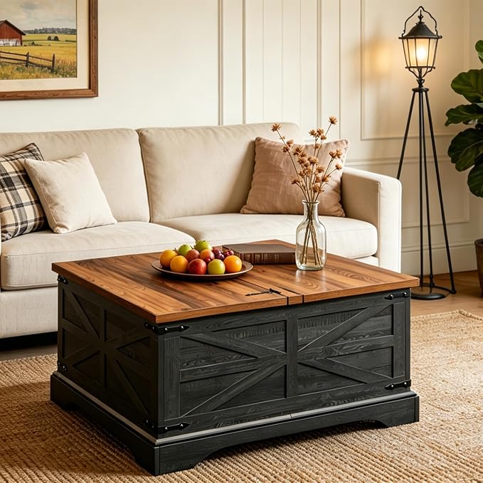 JXQTLINGMU Farmhouse Lift-Top Coffee Table with Large Storage, 36" Square Wood Living Room Table with Hidden Compartment and Raised Dining Surface, Black and Brown