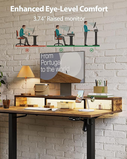 Agilestic 48x24 Inch Electric Standing Desk with Shelf, Height Adjustable Desk with Power Outlet & LED, Sit Stand Up Table with Monitor Stand, Computer Workstation, Rustic Brown