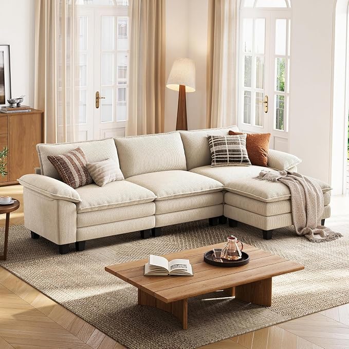 LINSY HOME 123'' Modular Sectional Sofa 3 Seat Couch Corduroy Cloud Couch with Deep Seat, Modern L-Shaped Cloud Couch with 1 Movable Ottoman for Living Room, Office, Bedroom, Beige
