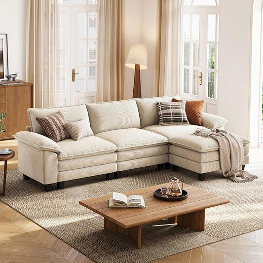 LINSY HOME 123'' Modular Sectional Sofa 3 Seat Couch Corduroy Cloud Couch with Deep Seat, Modern L-Shaped Cloud Couch with 1 Movable Ottoman for Living Room, Office, Bedroom, Beige