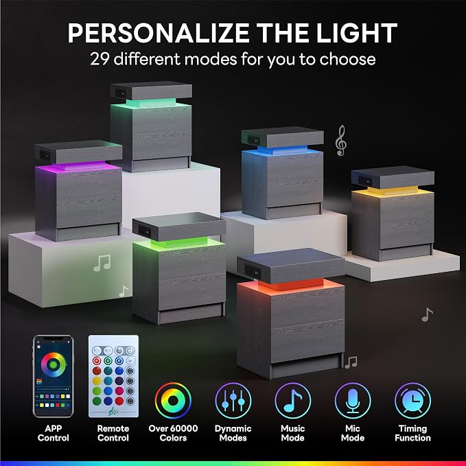 LIKIMIO Nightstand with Charging Station LED Light and 2 Drawers Grey | charging station; LED light; 2 smooth glide drawers; 13.8 D x 18.9 W x 23.6 H in; Grey wood grain