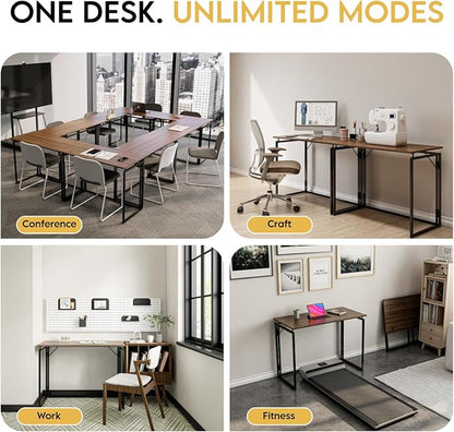 alawooder 31.5" Folding Desk: No Assembly, Wood Top for Small Spaces | Home office desk, holds 150 lbs, folds flat to 2.3 in, splash-proof wood top, sturdy metal frame