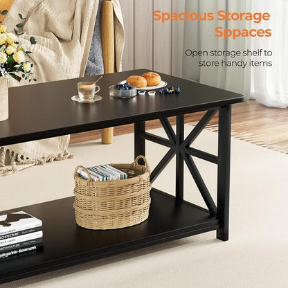 GreenForest Coffee Table for Living Room with Round Corners | Rustic Style Center Table with Storage Shelf,39 Inch X-Frame Sofa Table,Space Saving,Easy Assembly,Black