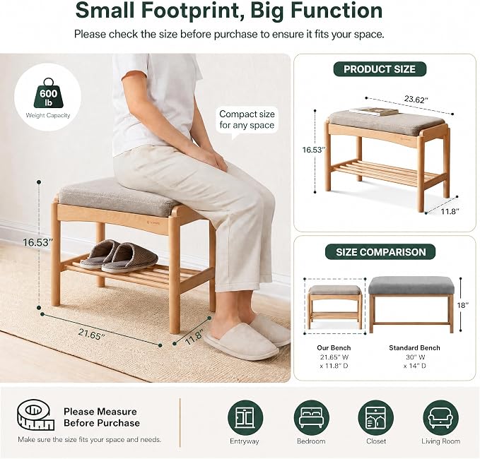 Solid Wood Shoe Bench Assembled, Shoe Rack Bench with Gray Cushion for Entryway, Living Room, Bedroom, Hallway, 11.8" x 23.6" x 16.5", Natural