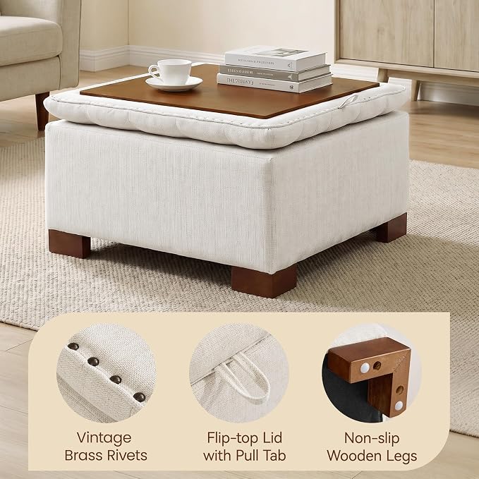 30 Inch Square Storage Ottoman Coffee Table, Modern Tufted Upholstered Ottoman with Flip Tray and Solid Wood Legs, Suitable for Living Rooms, Linen Beige