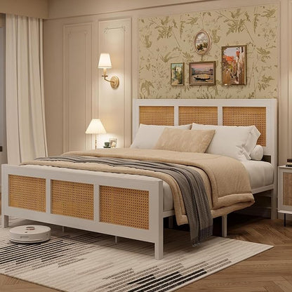 Garvee Rattan Bed Frame with Headboard, Bohe Platform King Size Bed Frame with Strong Metal Slats Support, No Box Spring Needed, Noise-Free Design, White
