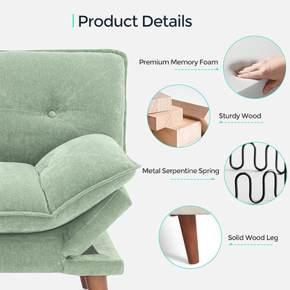 LINSY HOME Futon Sofa Bed, 70" Chenille Futon Couch with Adjustable Backrest Armrest, 3 in 1 Convertible Comfy Loveseat Sleeper Sofa Bed for Small Spaces Dorm Room Apartment Home Office, Light Green