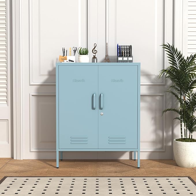 Multipurpose Accent Cabinet Locker, Metal Storage Cabinet with 2 Adjustable Shelves, Heavy Duty & Lockable Organizer Made of Thickened Steel, Easy Assembly for Home, Entryway, Blue