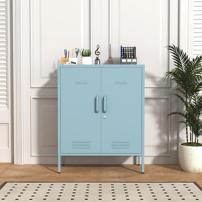 Multipurpose Accent Cabinet Locker, Metal Storage Cabinet with 2 Adjustable Shelves, Heavy Duty & Lockable Organizer Made of Thickened Steel, Easy Assembly for Home, Entryway, Blue