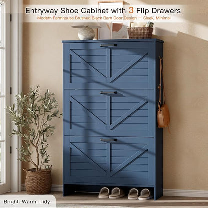 Nicetree 3-Drawer Flip Shoe Cabinet – Shaker Barn Door Accent, Farmhouse Blue Finish – Ultra Slim Freestanding Design with 3-Tier Adjustable Shelves – Space-Saving Shoe Organizer for Entryway or Foyer
