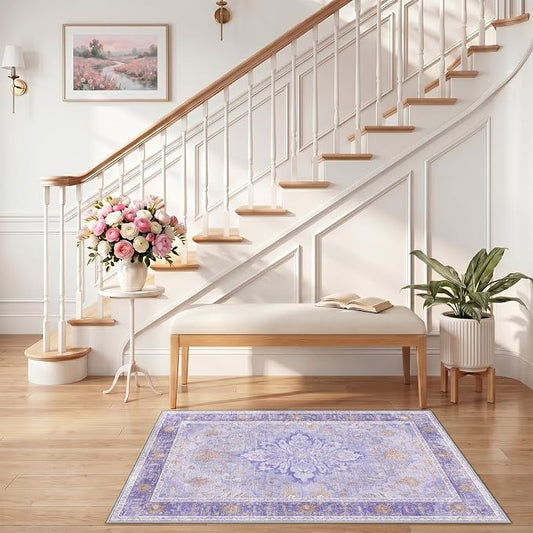 RELEANY Area Rugs Small 2'6"x4' Washable Non-Slip, Floral Vintage Distress Medallion Carpet for Kitchen Entryway Bathroom, Light Purple Brown