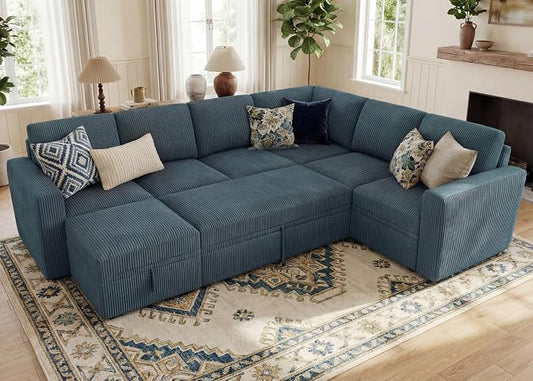 HONBAY Modular Sectional Sleeper Sofa, Corduroy Sleeper Pull-Out Bed Couch with Storage, U Shaped Sectional Couches for Living Room, Blue