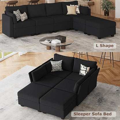 Huatean Home 114.17" Modular Sectional Sofa, 6 Seat Sectional Couches with Storage, Memory Foam, Convertible Modular Couch for Living Room, U Shaped Comfy Modular Sofa with Chaise, Black