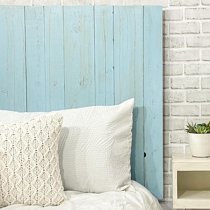 Barn Walls Baby Blue Headboard, Cottage Design Weathered, Solid Wood Headboard Floating Panels Wall Mount, Adjustable Height Easy Assembly, Queen Size