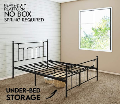 Golden Gate Beds Victorian Style Metal Platform Bed Frame with Antique Wrought Iron-Art Headboard and Footboard, Classic Cama Steel Mattress Foundation, No Box Spring Needed, Queen Size, Black Finish