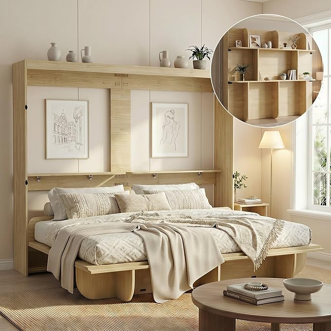 Mjkone Queen Size Wall Bed with Storage Shelf, Queen Wall Cabinet Murphy Beds with Bookshelf, 82" W Top Cabinet Bed Frame, Space-Saving Cabinets Beds for Bedroom/Guest Room/Studio/Office - Wood Color