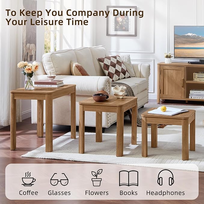 Joaxswe Farmhouse Nesting Tables Set of 3, Living Room Table Set with Rounded Corners & 4 Thickened Table Legs & Stacking Capability, Dark Wood