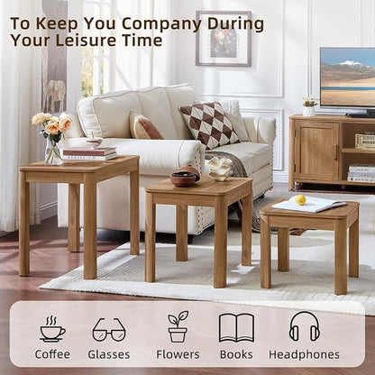 Joaxswe Farmhouse Nesting Tables Set of 3, Living Room Table Set with Rounded Corners & 4 Thickened Table Legs & Stacking Capability, Dark Wood