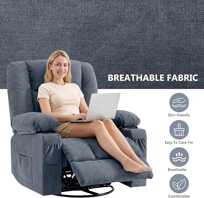 Swivel Rocker Recliner Chair with Vibration Massage and Heat Ergonomic Lounge Chair for Living Room with Rocking Function and Side Pocket, 2 Cup Holders, USB Charge Port