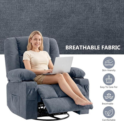 Swivel Rocker Recliner Chair with Vibration Massage and Heat Ergonomic Lounge Chair for Living Room with Rocking Function and Side Pocket, 2 Cup Holders, USB Charge Port
