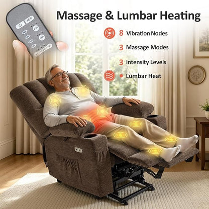 MCombo Power Lift Recliner Chair for Elderly, Lift Chair with Heat and Massage, Extra Wide Lift Recliner for Big People, Fabric R7096 (Medium-Wide, Coffee)