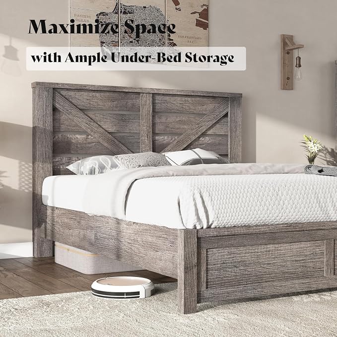 AMERLIFE Full Size Bed Frame with 49.2" Barn Door Headboard and Footboard, Farmhouse Platform Bed Frame with Wood Slats, No Box Spring Needed, Under Bed Storage, Rustic Gray