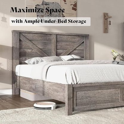 AMERLIFE Full Size Bed Frame with 49.2" Barn Door Headboard and Footboard, Farmhouse Platform Bed Frame with Wood Slats, No Box Spring Needed, Under Bed Storage, Rustic Gray